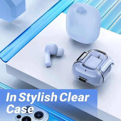 R.E.D. Shopping T2 Wireless Bluetooth Earphones with transparent design, LED display, and 24-hour battery life.
