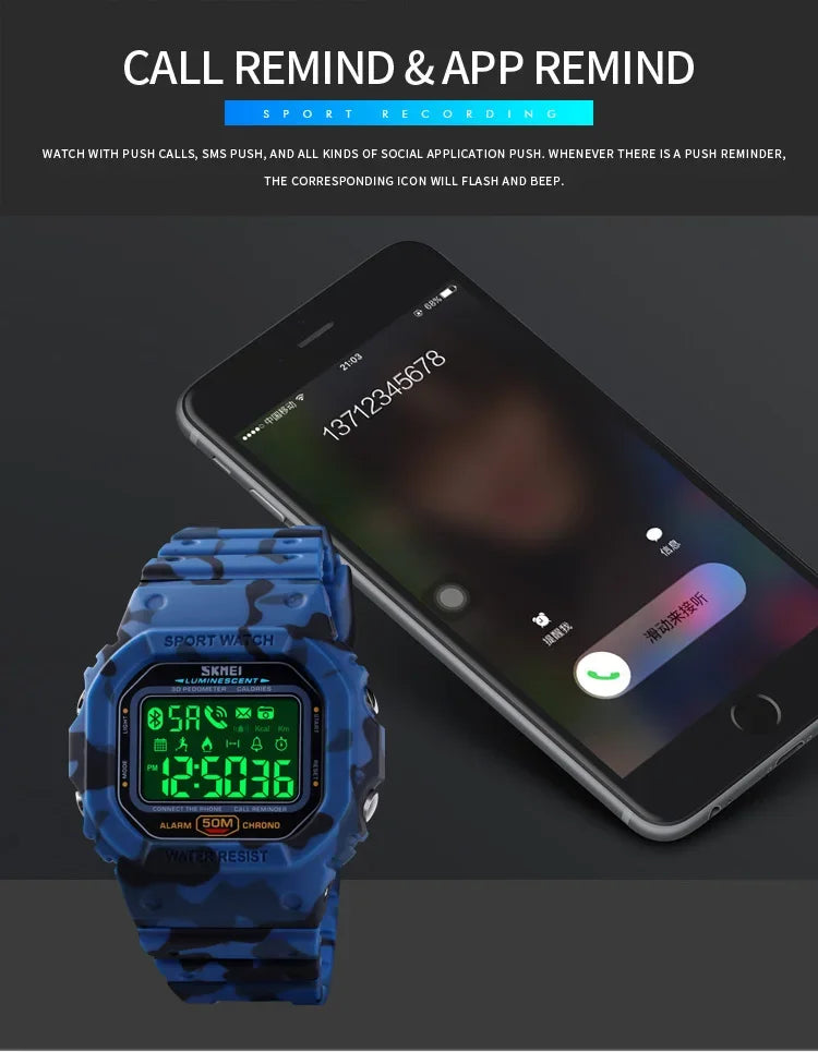SKMEI 1629 Bluetooth Sport Digital Watch – Pedometer, Calorie Tracker for iPhone, Huawei, Xiaomi