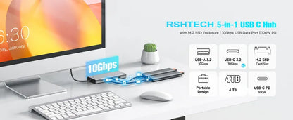 RSHTECH RSH-D05P 5-in-1 USB-C Hub with M.2 NVMe/SATA SSD Enclosure – 10Gbps, 100W PD