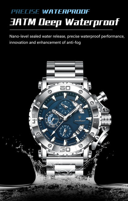 POEDAGAR Men's Luxury Chronograph Watch – Calendar, Luminous, Waterproof, Stainless Steel Quartz