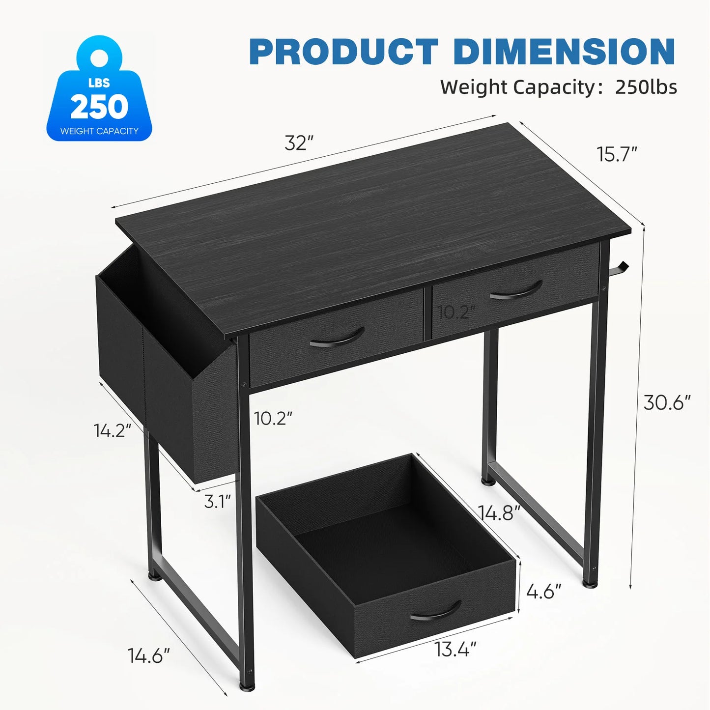 JHK 32" Office Desk with Fabric Storage Drawers & Side Bag – Metal Frame Home PC Table