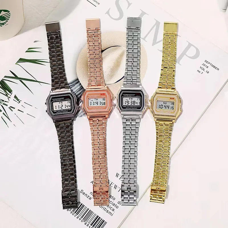 F91W LED Digital Sports Watch - Steel Band, Multi-Function, Unisex Business & Casual Clock