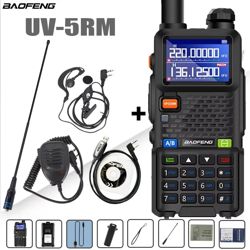 Baofeng UV-5RM walkie talkie with four-band radio and 3800mAh battery, handheld two-way radio for communication.
