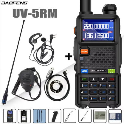 Baofeng UV-5RM walkie talkie with four-band radio and 3800mAh battery, handheld two-way radio for communication.