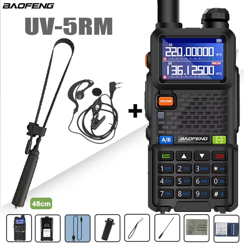 Baofeng UV-5RM walkie talkie with four-band radio, 999 channels, and 3800mAh battery, black handheld two-way radio for communication
