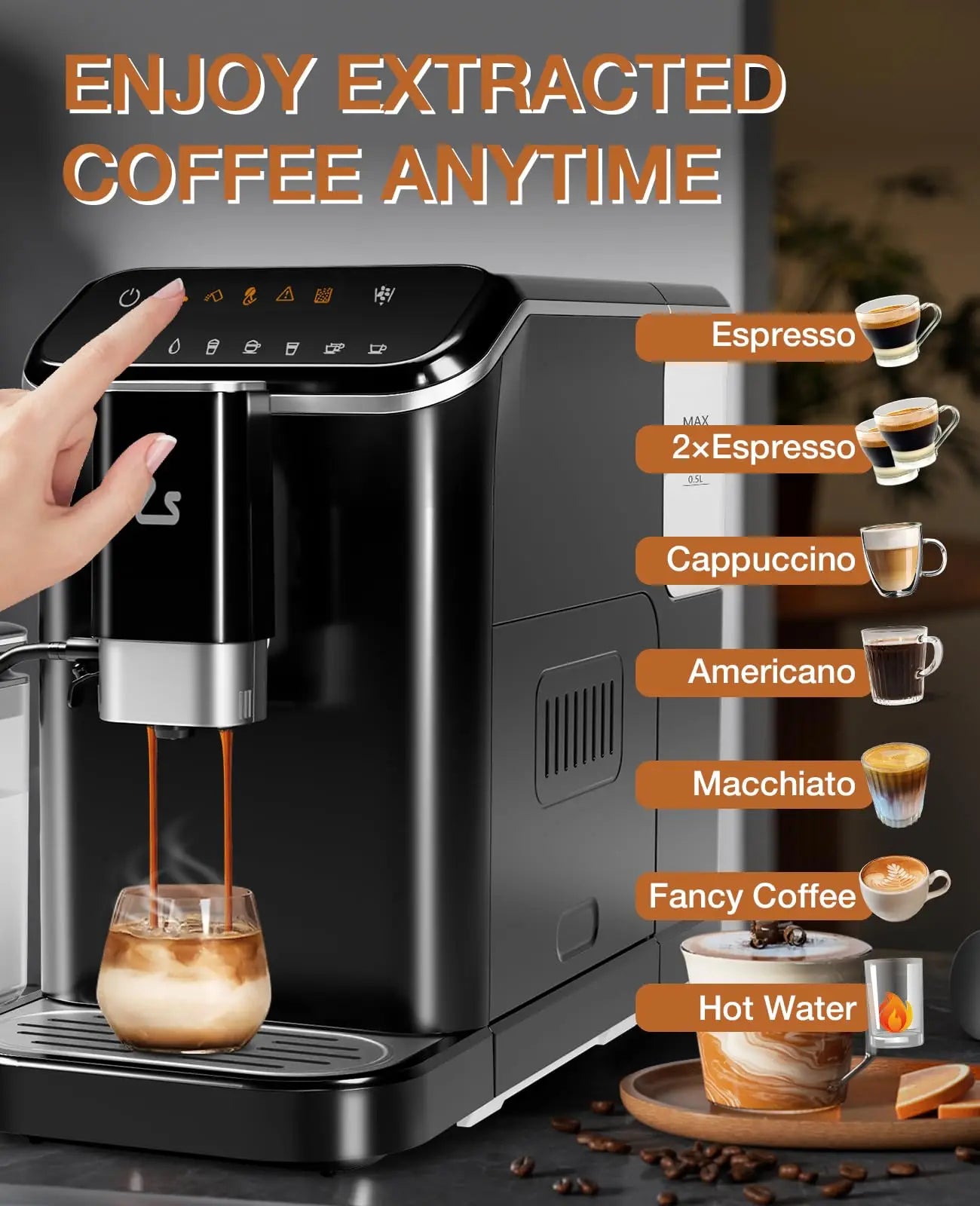 20 Bar Fully Automatic Espresso Machine – Built-in Grinder, Milk Frother, 6 Recipes, 1.5L Tank