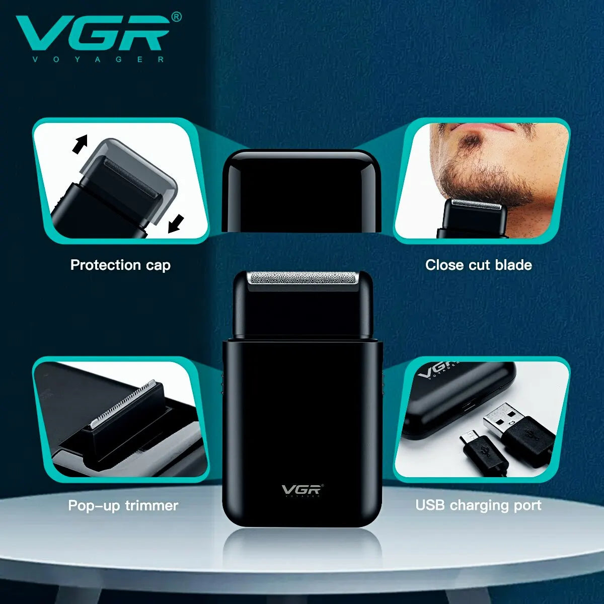 VGR R.E.D. portable electric shaver with USB charge, compact beard trimmer for men, professional grooming device.