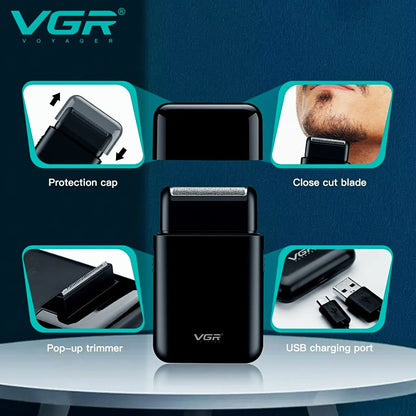 VGR R.E.D. portable electric shaver with USB charge, compact beard trimmer for men, professional grooming device.