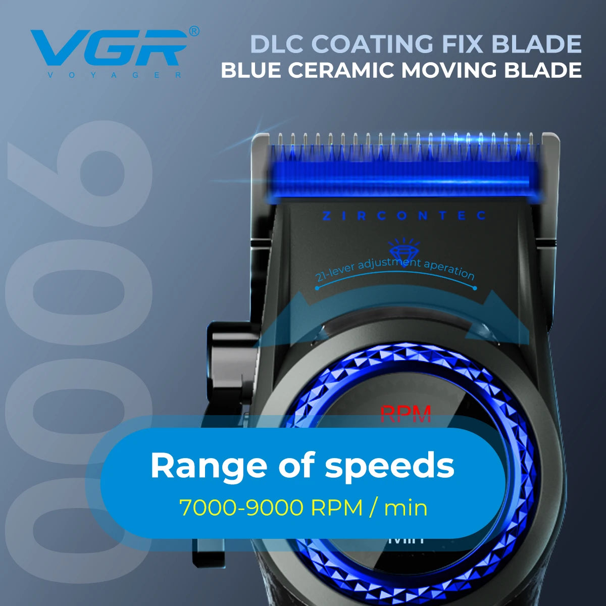 VGR V-001 Professional Hair Clipper – 9000RPM, 21-Speed, DLC Blades, 300min, USB