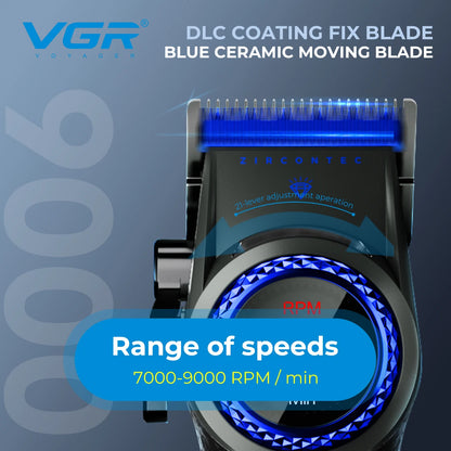 VGR V-001 Professional Hair Clipper – 9000RPM, 21-Speed, DLC Blades, 300min, USB