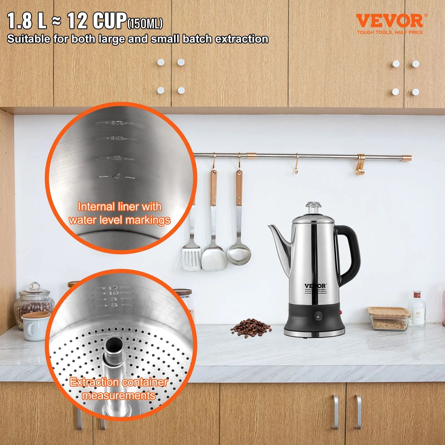 SucceBuy 12-Cup Electric Percolator Coffee Pot | 304 Stainless Steel, Keep Warm Function