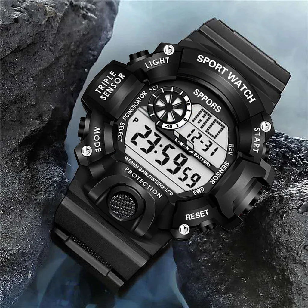 Men's R.E.D. Shopping sports electronic wristwatch with large dial, waterproof, luminous display, and alarm feature.