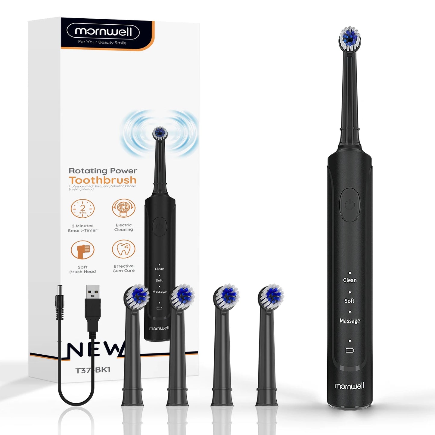 Electric Toothbrush T37 Sonic – 3 Modes, Rotation Clean with 4 Replacement Heads