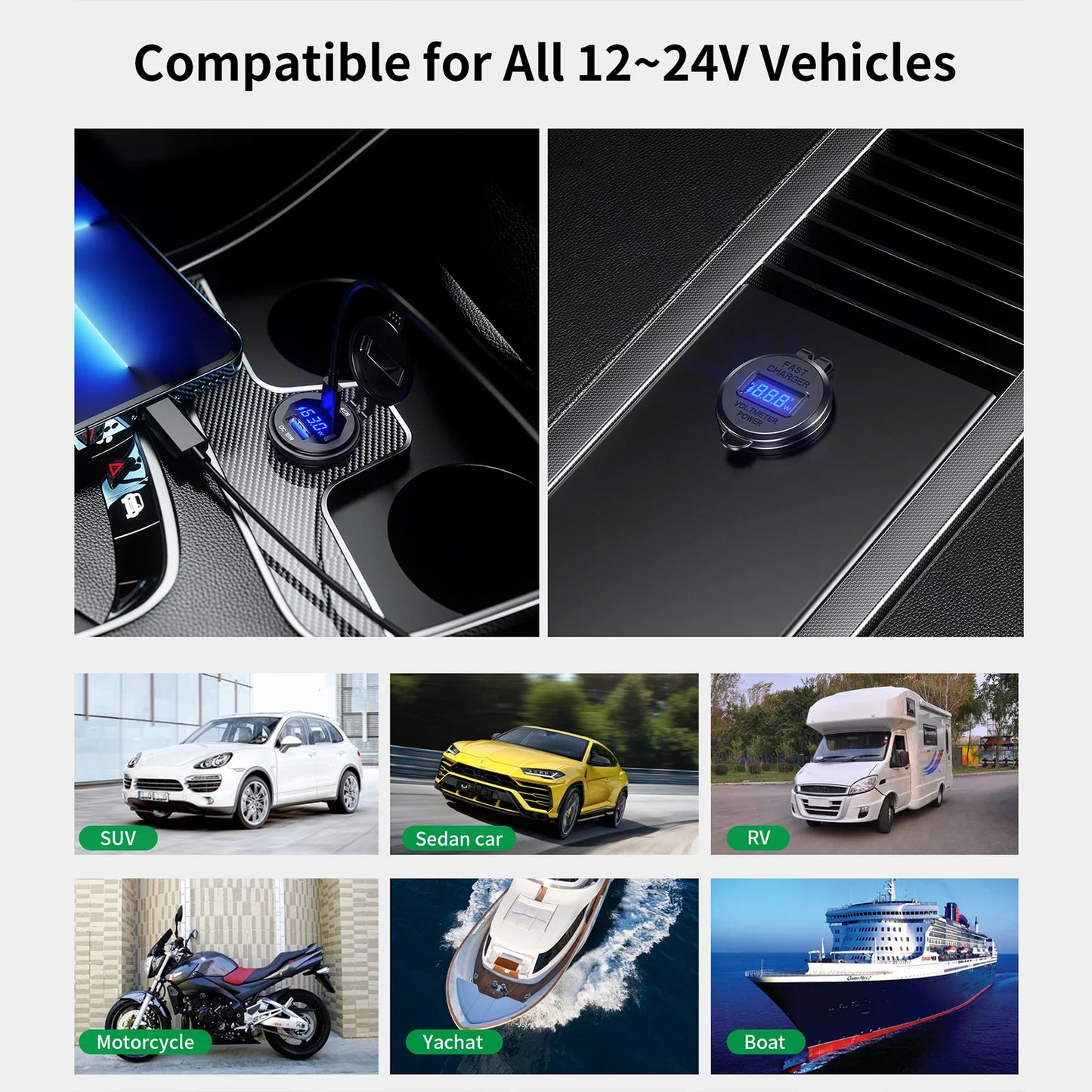 63W Aluminum USB-C Car Charger Socket – PD & QC3.0 Dual Port, 12V/24V for Car, Boat & Motorcycle
