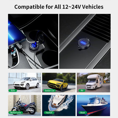 63W Aluminum USB-C Car Charger Socket – PD & QC3.0 Dual Port, 12V/24V for Car, Boat & Motorcycle