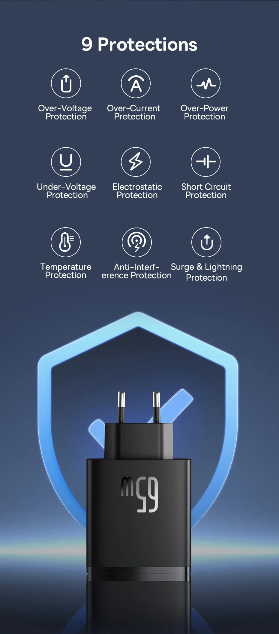 Baseus 65W GaN USB-C Charger | QC + PD Fast Charging for iPhone 17/16/15, Xiaomi & Laptops