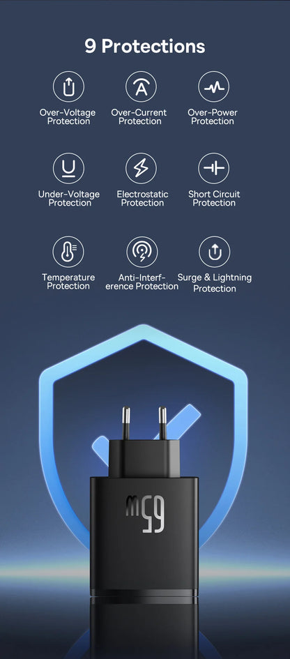Baseus 65W GaN USB-C Charger | QC + PD Fast Charging for iPhone 17/16/15, Xiaomi & Laptops