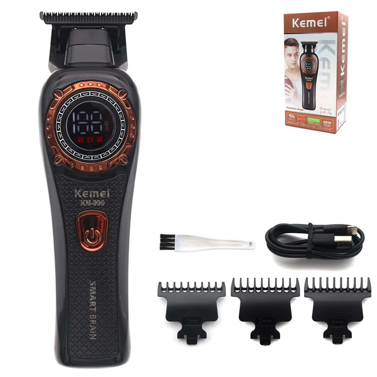 Kemei KM-999 Professional Hair Trimmer – DLC T-Blade, Zero Gap, LED Display, Cordless USB Clipper