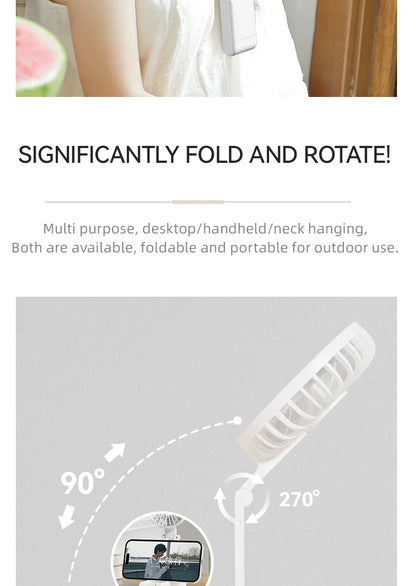WO.Poblwc Handheld Mini Fan – 1800mAh Foldable, 5-Speed USB Rechargeable, Neck Hanging, Phone Stand, for Home & Outdoor
