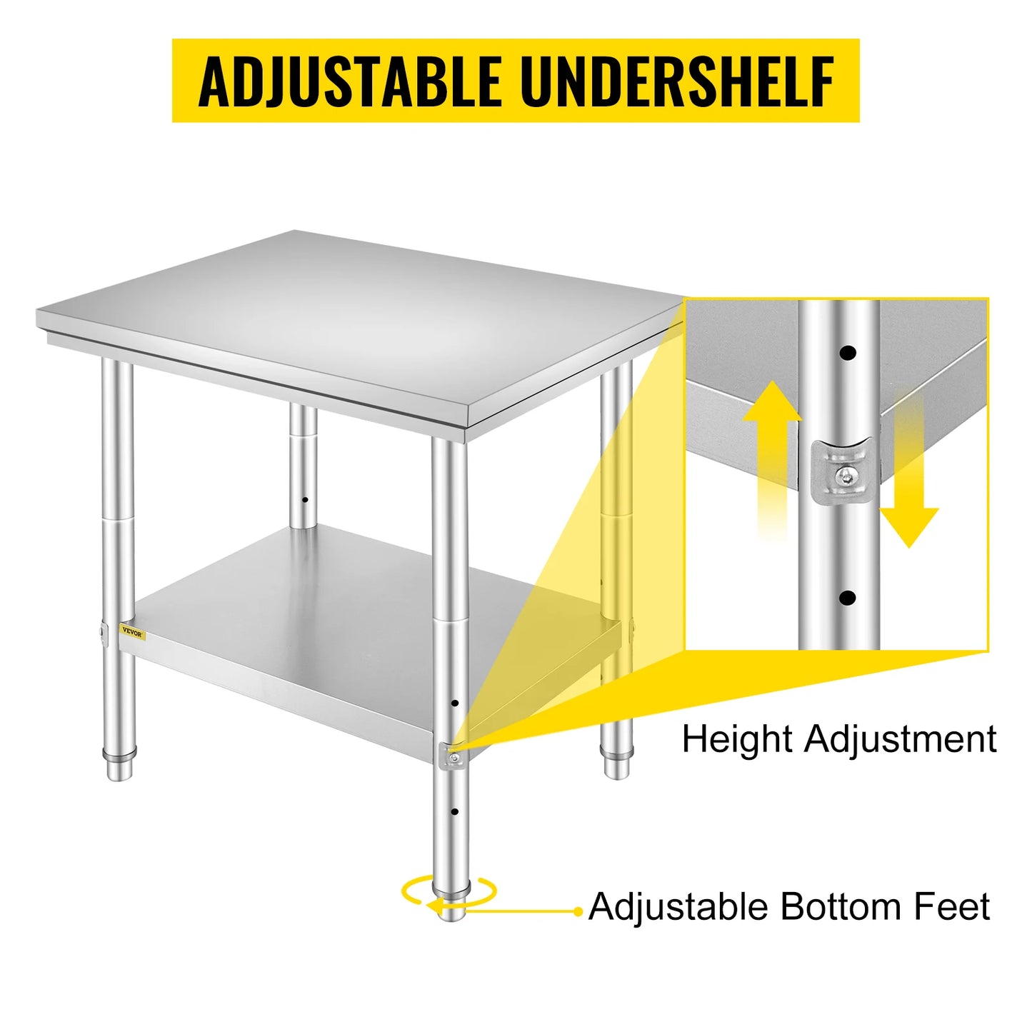 SucceBuy Stainless Steel Kitchen Work Bench – Commercial Catering Worktable with Undershelf | 286–330 LBS | Restaurant & Garage
