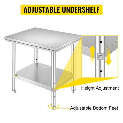 SucceBuy Stainless Steel Kitchen Work Bench – Commercial Catering Worktable with Undershelf | 286–330 LBS | Restaurant & Garage