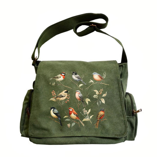 Vintage Bird Print Canvas Crossbody Bag - Large Capacity Shoulder Bag