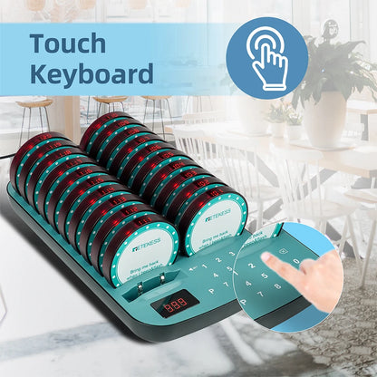 RETEKESS TD167A wireless restaurant calling system coaster pager buzzer for food trucks, cafés, and hotels.