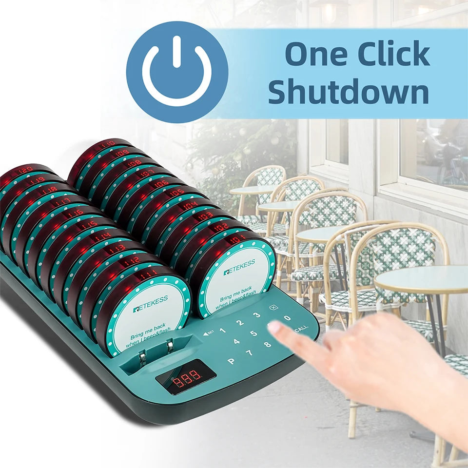 RETEKESS TD167A wireless restaurant calling system coaster pager for food trucks, cafes, and hotels, with buzzer and LED indicators