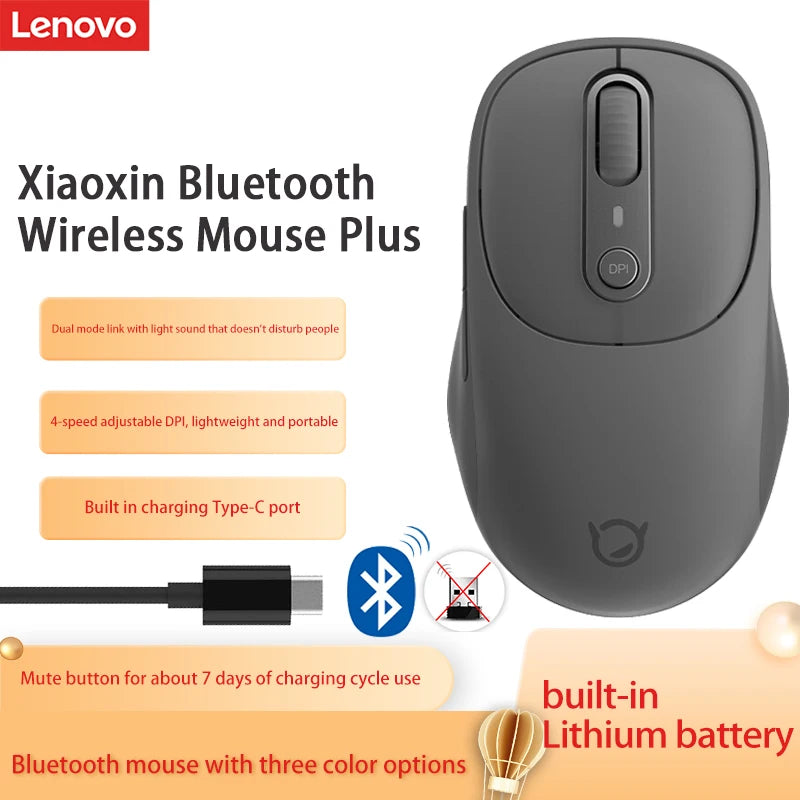 Lenovo Xiaoxin Plus Bluetooth Dual-Mode Silent Wireless Mouse – Rechargeable, 1600 DPI