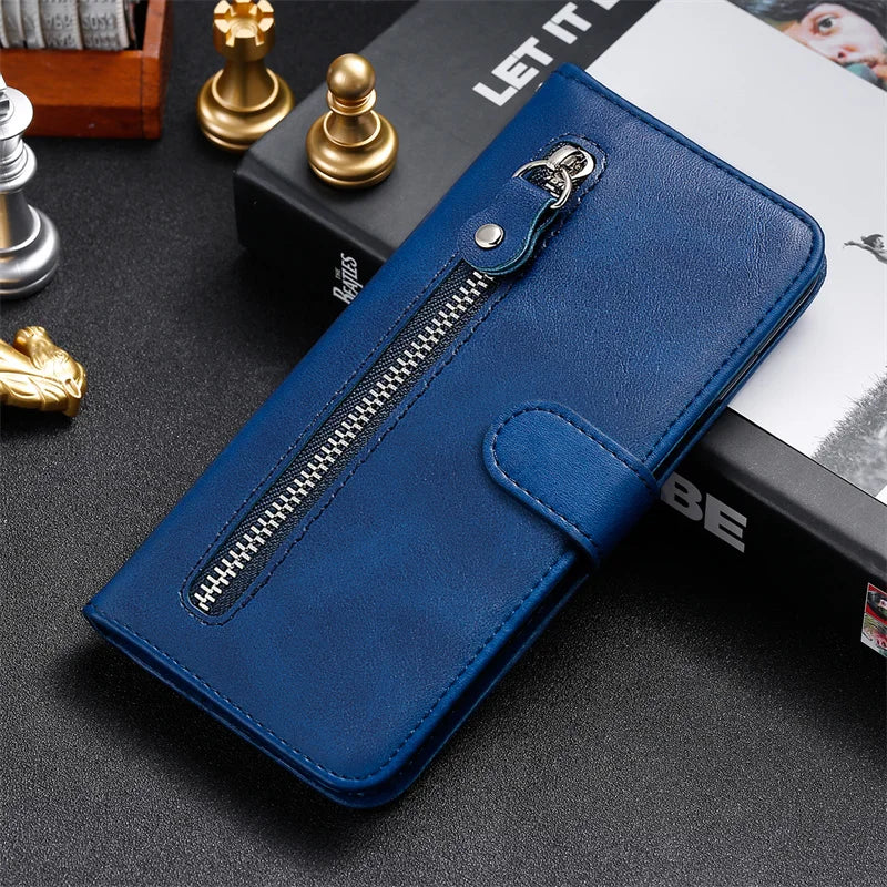 Leather iPhone 16 Plus zipper wallet case with card slots and magnetic stand, featuring a sleek design and secure closure.