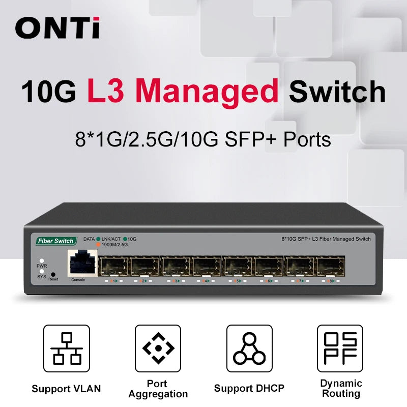 ONTi 8-Port 10Gb SFP+ L3 Managed Network Switch | 160Gbps | VLAN | DHCP | Dynamic Routing | EU/UK Plug