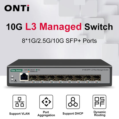 ONTi 8-Port 10Gb SFP+ L3 Managed Network Switch | 160Gbps | VLAN | DHCP | Dynamic Routing | EU/UK Plug