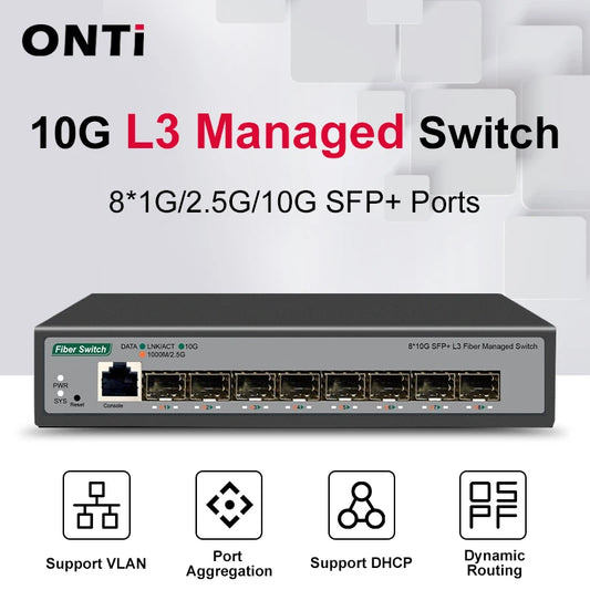 ONTi 8-Port 10Gb SFP+ L3 Managed Network Switch | 160Gbps | VLAN | DHCP | Dynamic Routing | EU/UK Plug