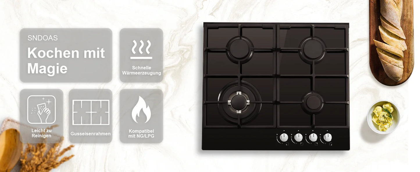 TopStrong 58cm Gas Hob | 4 Burner Dual Fuel NG/LPG | 8060W | CE Certified