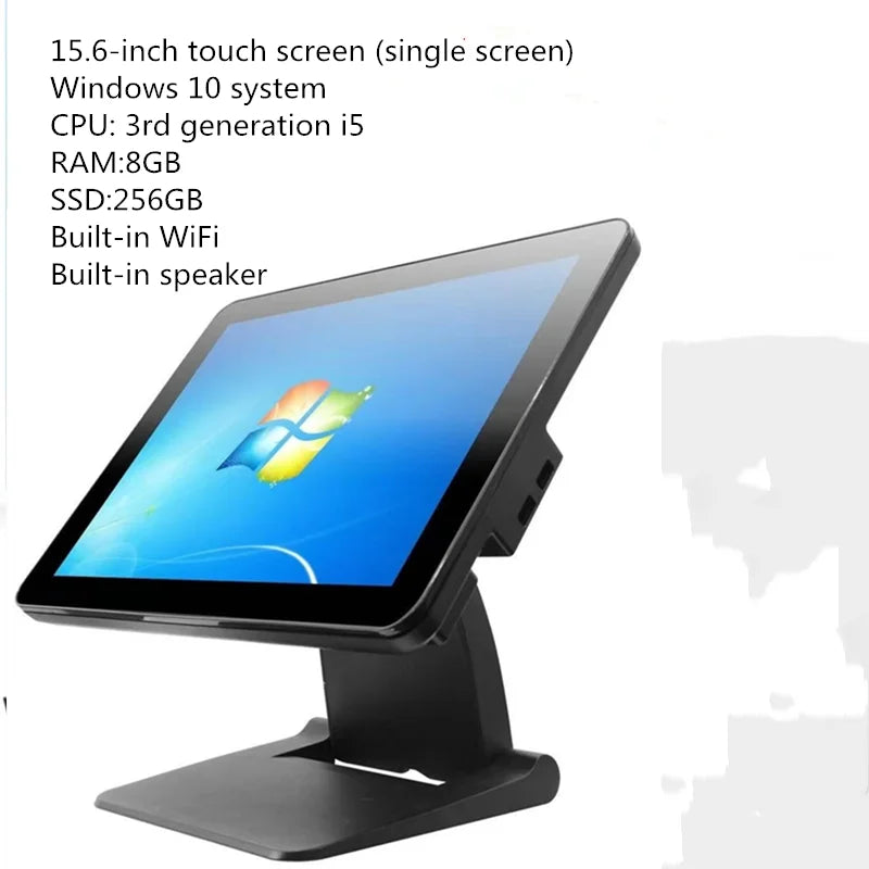 15.6-inch R.E.D. Shopping all-in-one touch screen POS terminal showing a sleek point of sale system setup with a monitor and cash drawer.