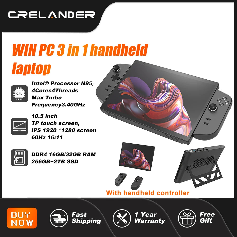 CRELANDER Handheld Gaming Laptop 10.5" — Intel N95, Touch Screen, Detachable Gamepad, Windows