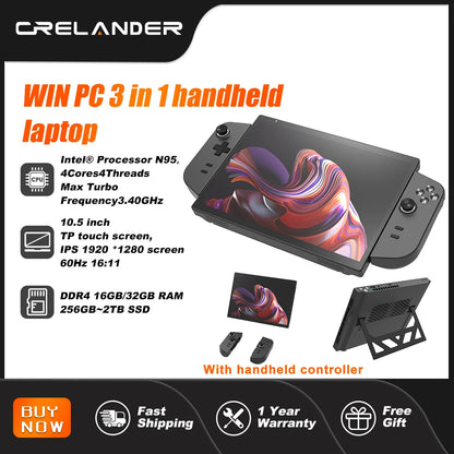 CRELANDER Handheld Gaming Laptop 10.5" — Intel N95, Touch Screen, Detachable Gamepad, Windows