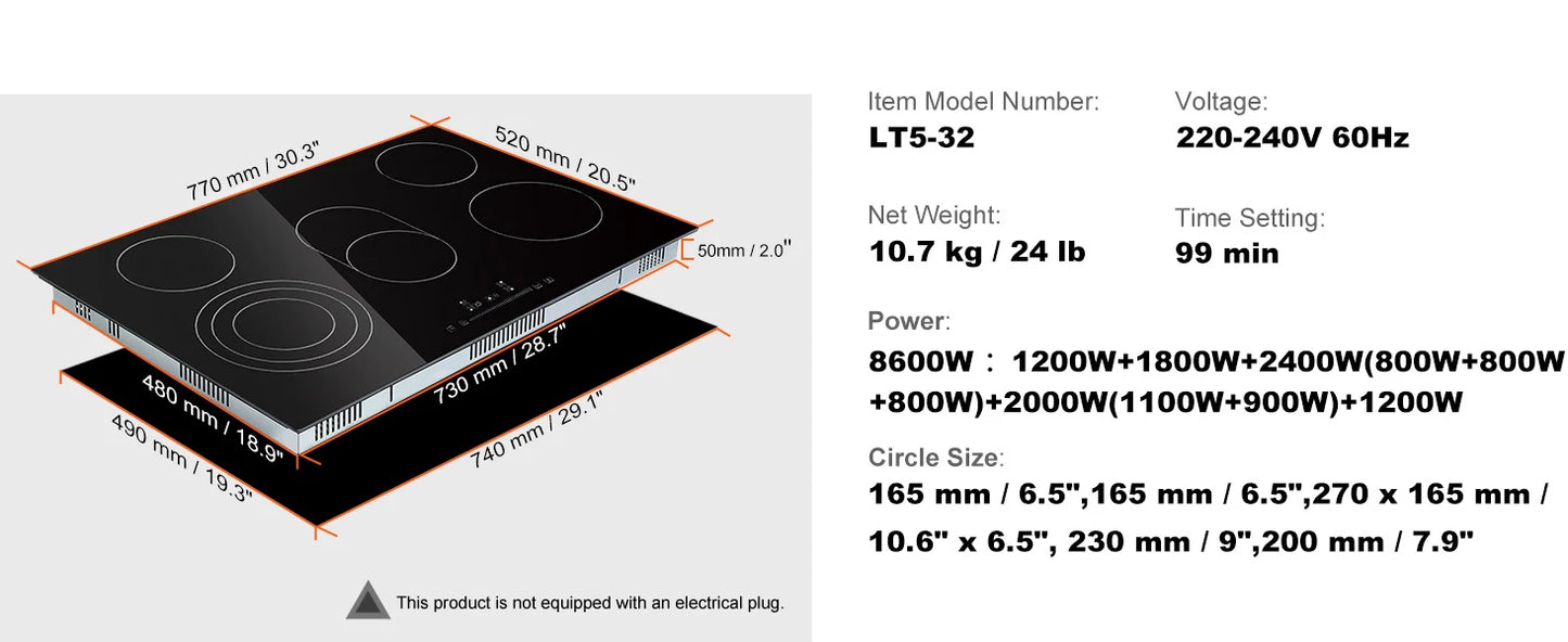 SucceBuy Built-in Induction Stove Top 2/4/5 Burners – 12/24/30", Ceramic Glass, 240V