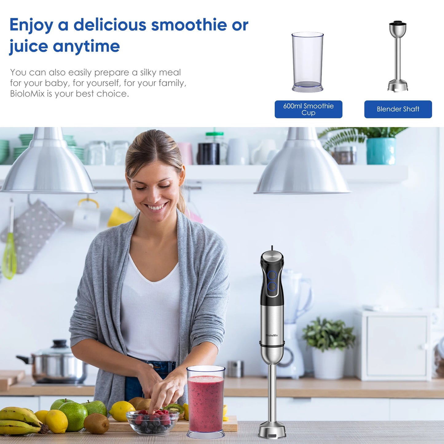 BioloMix 5-in-1 1500W Immersion Hand Blender – Stainless Steel Food Processor