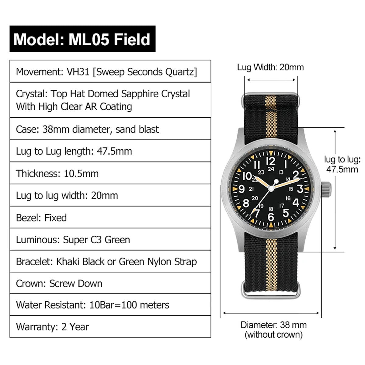 Militado ML05 Vintage Field Watch – 38mm, VH31 Sweep, Sapphire AR Crystal, Luminous