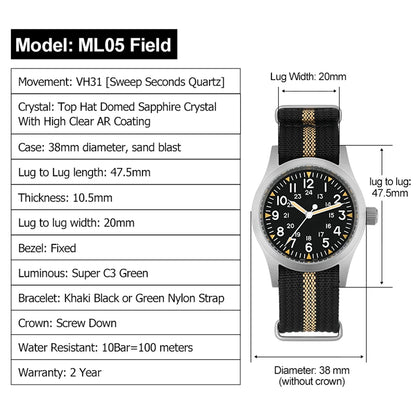 Militado ML05 Vintage Field Watch – 38mm, VH31 Sweep, Sapphire AR Crystal, Luminous