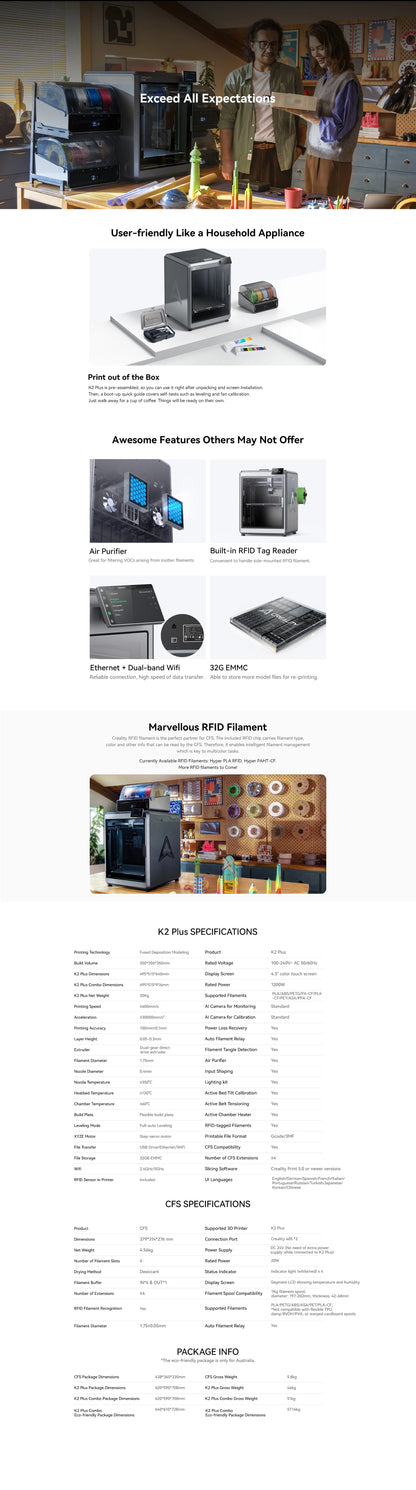 Creality K2 Plus Combo 3D Printer – Multi-Color, CFS, 600mm/s, Auto Leveling