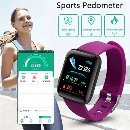 Black R.E.D. Shopping smartwatch displaying message notifications and fitness tracking on a sleek digital screen.