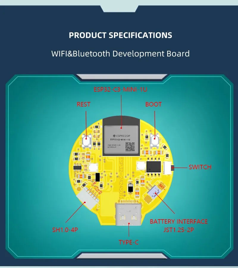 ESP32-C3 WiFi and Bluetooth development board with 1.28-inch round LCD display, featuring microcontroller and connectivity options.
