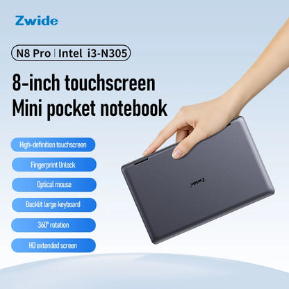 Zwide Pocket Book N8 Pro – 8" Yoga Mini Laptop, Intel i3-N305, 16GB LPDDR5, up to 2TB SSD, Windows 11