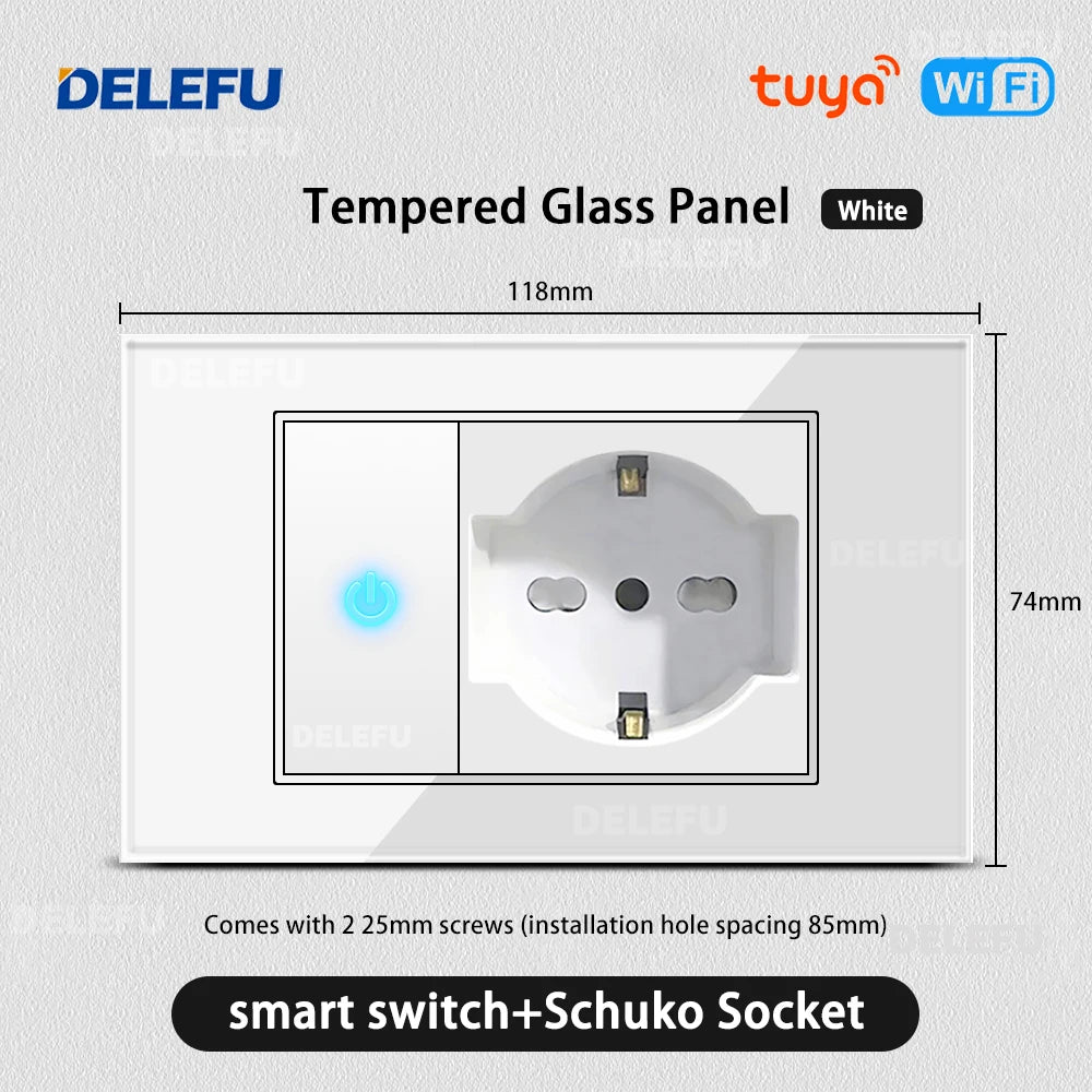 DELEFU Tempered Glass Wall Socket with USB-C Fast Charging – Schuko/Italy