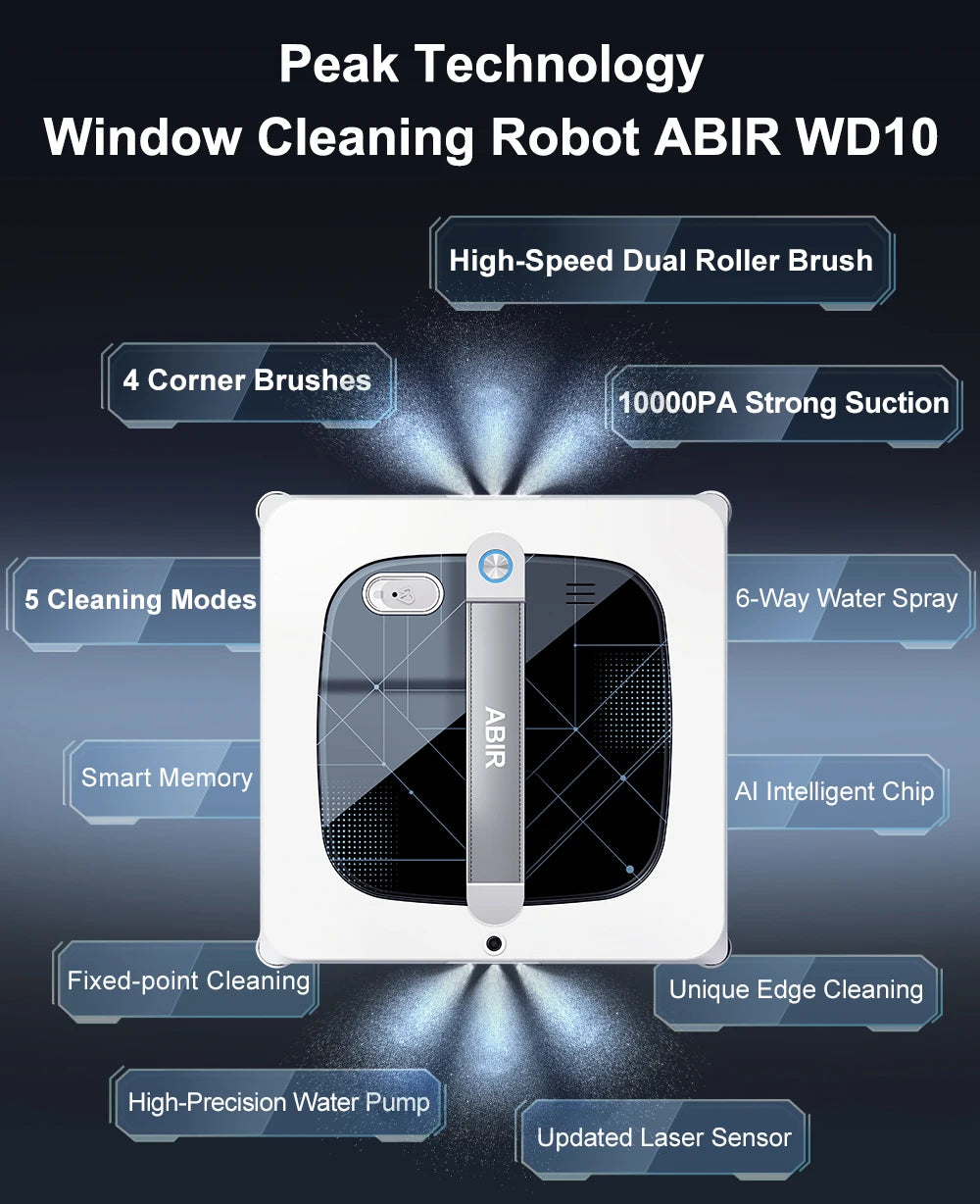 ABIR WD10 Window Cleaning Robot – Dual Roller Brushes, 10000Pa Suction, 6-Way Water Spray & Remote