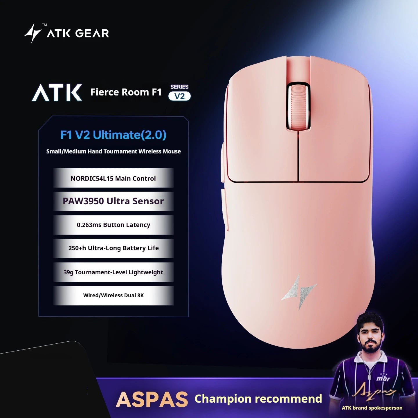 ATK F1 V2 Wireless Gaming Mouse – PAW3950, 38g Ultra-Light, 750IPS, 0.243ms Latency for FPS