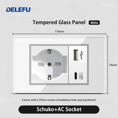 DELEFU Tempered Glass Wall Socket with USB-C Fast Charging – Schuko/Italy