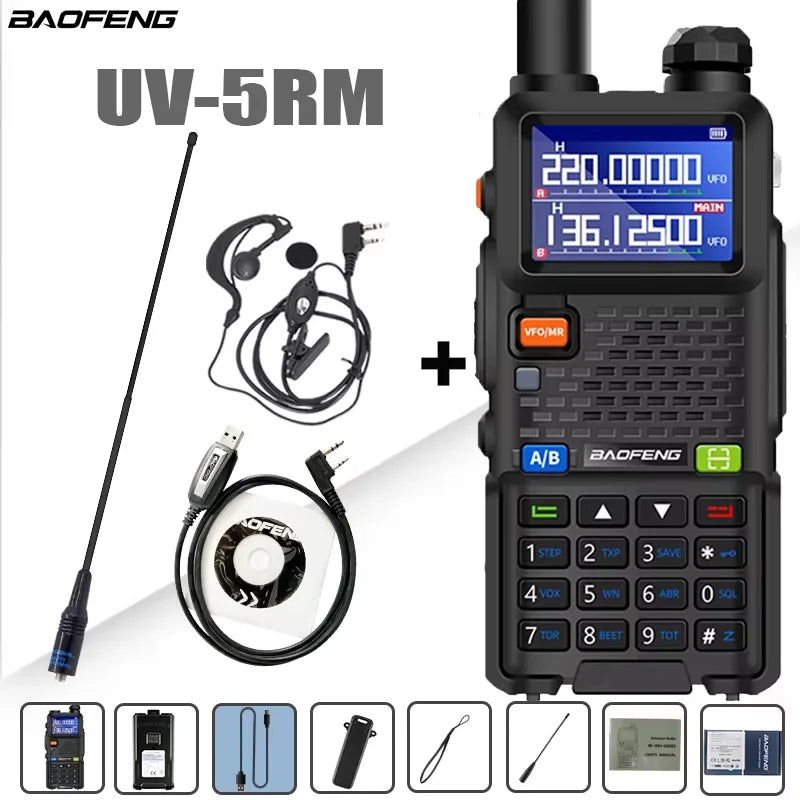 Baofeng UV-5RM four-band walkie talkie with 999 channels and 3800mAh battery, displayed with antenna and control buttons.